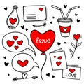 Love doodles elements. Cute hand drawn set of icons with hearts, letters, cups, gifts, potion, flower. Vector illustration. Valent Royalty Free Stock Photo